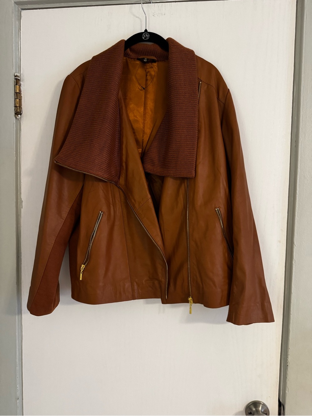 IMAN Cognac Brown Leather Jacket with Knit Shawl Collar